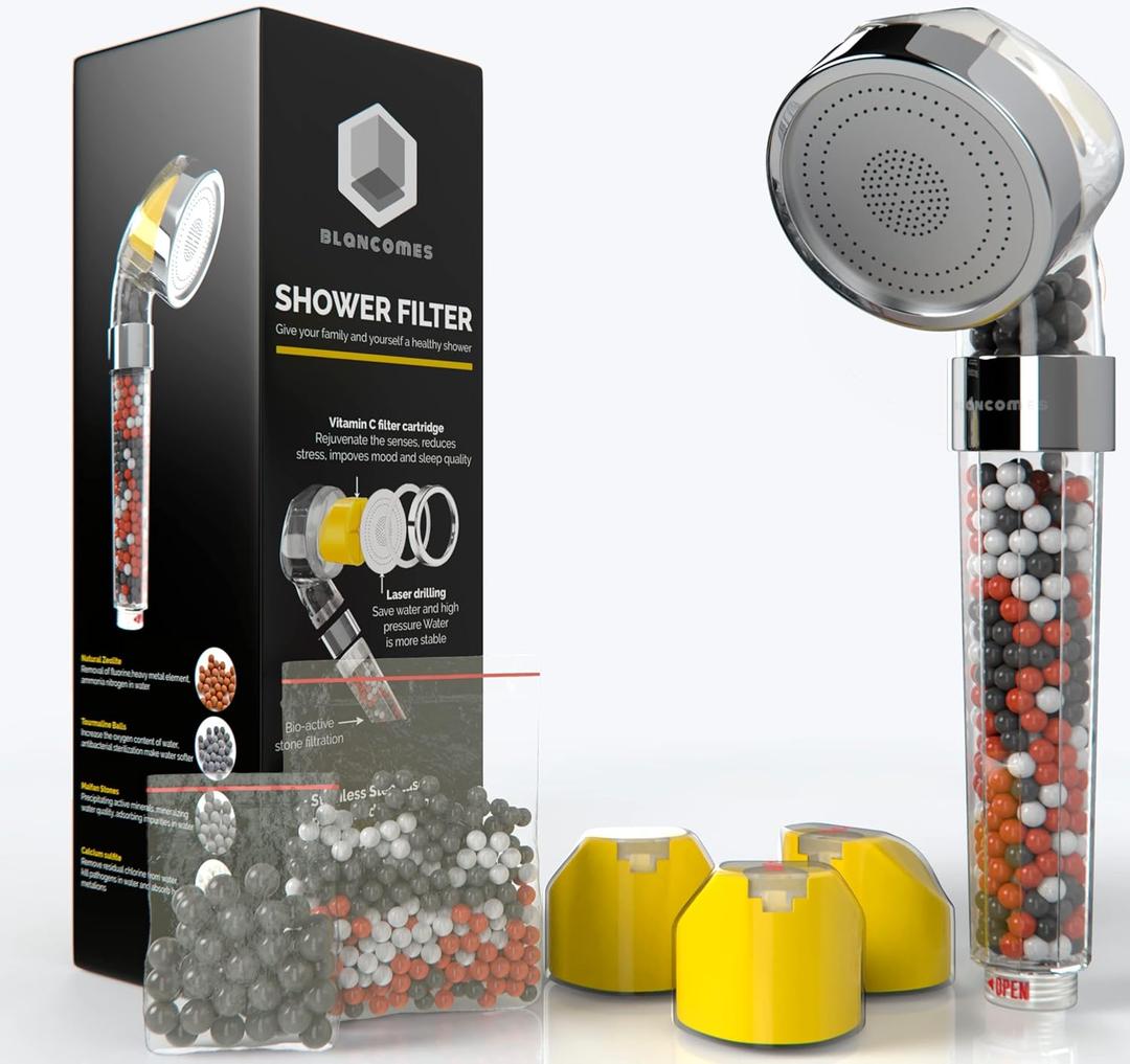 Shower Head Filter, High Output with Vitamin C Shower Head Filter for Hard Water and Chlorine Handheld Shower Head with Filter Beads Easy to Install Universal System Water Softener (9x3.5x3.5)