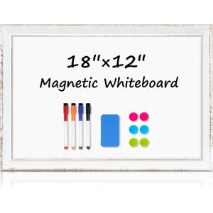 DOLLAR BOSS Magnetic Whiteboard, 18"x12" Dry Erase Board for Wall with White Distressed Frame, Hand-Finished Vintage Decorative White Board for Office, Home & Classroom with Markers, Magnets, Eraser