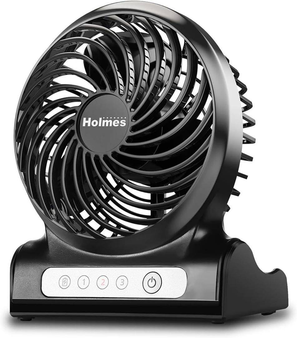 HOLMES 4" Personal Fan, Rechargeable Battery, 3 Speed Settings, Lightweight, Compact and Portable, Adjutstable Head, Home and Office, USB Cable, Black Finish HOLMES 4" Personal Fan, Rechargeable Battery, 3 Speed Settings, Lightweight, Compact and Portable, Adjutstable Head, Home and Office, USB Cable, Black Finish