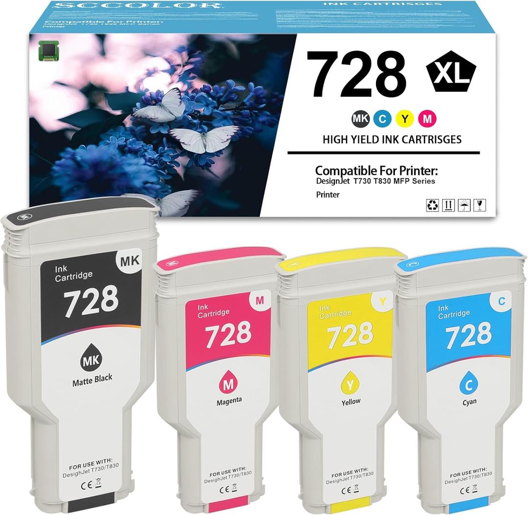 728 Ink Cartridges Compatible for HP 728 Ink Cartridge for F9J68A F9K17A F9K16A F9K15A DesignJet T830 MFP & T730 Large Format Plotter Printers (300-ml Matte Black,130-ml Cyan Magenta Yellow 4 Pack)