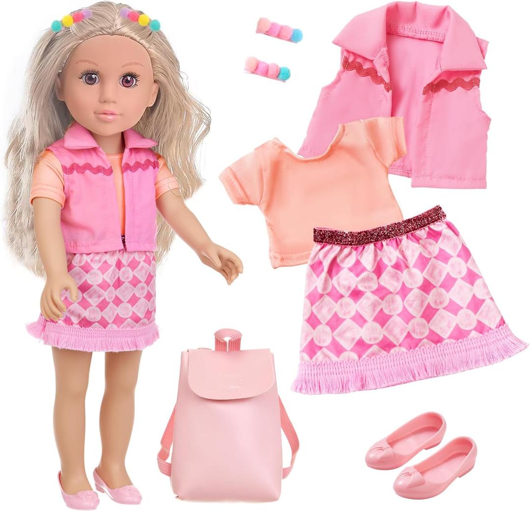 18 Inch Girl Doll Playset with Clothes and Accessories Including 18 Inch Doll Jacket T-Shirt Skirt Shoes backbag Hairband for Little Girl