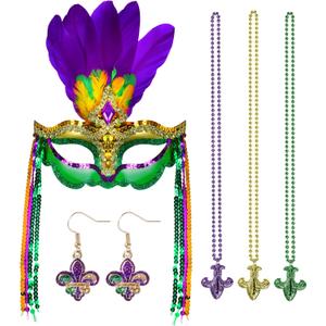 2 x Yukee Mardi Gras Mask W/Mardi Gras Beads Earrings Accessories for Women, Feathers Mardi-Gras Masks Masquerade Mask W/Mardi-Gras Beads Necklaces Fleur De Lis Earrings Jewelry for Carnival Party Parade
