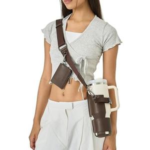 Premium Water Bottle Carrier Bag for Stanley 40oz & Simple Modern 40oz - PU Leather Water Bottle Holder with Adjustable Strap - Includes Card Holder & Keyring for Stanley Cup Accessories (Dark Brown)