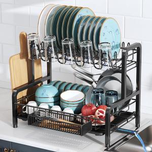 2 Tier Dish Drainers Drying Rack for Kitchen Counter Large Stainless Steel Dishes Drain with Drainboard, Space Saving, Big Modern Black Countertop Metal Plates Dryer Strainer Holder and Extra Tray