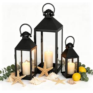 Decorative Metal Candle Lanterns Set, Hanging & Tabletop Hurricane Lanterns Holders for Patio, Porch, Garden, Wedding, Party Decor, Indoor/Outdoor Use, Pinnacle Black