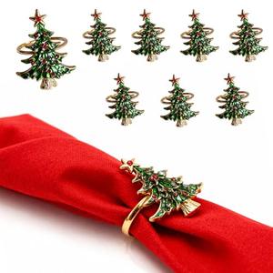 Vifulnts Alloy Enamel Christmas Tree Napkin Rings (4-Set Pack) - Plate-Coordinated Dinner Napkin Holder & Festive Tabletop Topper for Holiday Place Settings