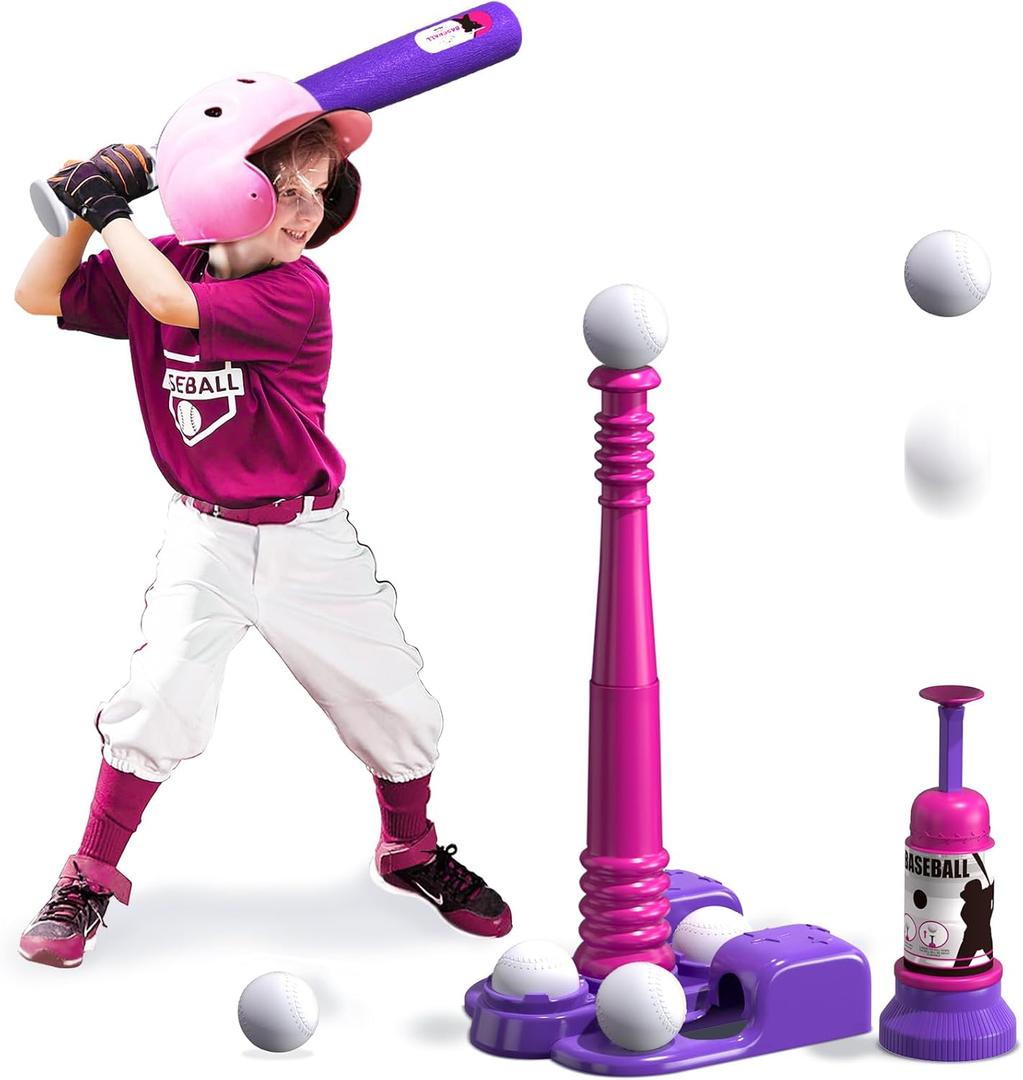 QDRAGON 2 in 1 T Ball Sets for Kids 3-5 5-8, Tee Ball Set with Automatic Pitching Machine/Adjustable Batting Bat & Stand/6 Balls, Baseball Toys Outdoor Sport for Toddlers Girls, Pink