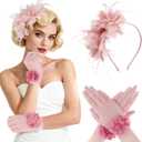 Fascinators Hats for Women and Tea Party Gloves Set, Headband with Feather Pearl Veil for Wedding Cocktail Dresses