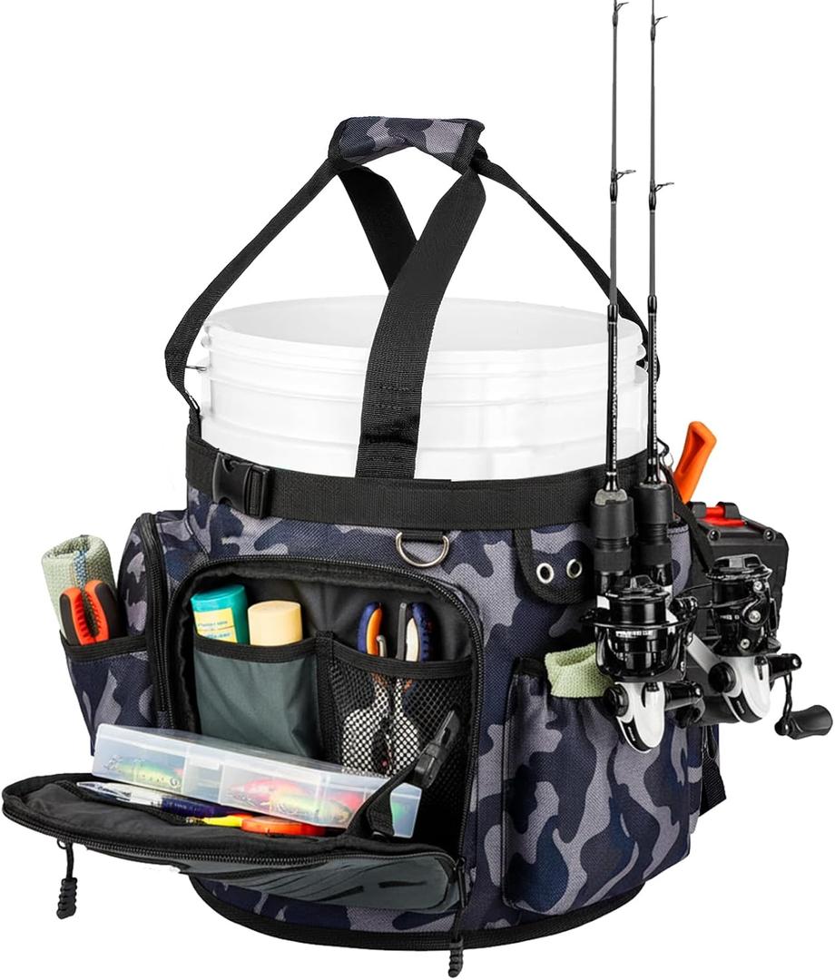 Soulchen Fishing Bucket Organizer with Cover, Ice Fishing Tackle Bag with Rod & Plier Holder, Multi-pockets for 5 Gallon Bucket Gear & Accessories, 34.2 x 11 Inch(Camouflage)