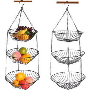 3-Tier Wire Fruit Hanging Basket 2 Packs,non-Punching Wall Hanging Storage,Kitchen Bathroom Organization Basket,Suitable for Bathroom,Kitchen,Closet,Garden,Black