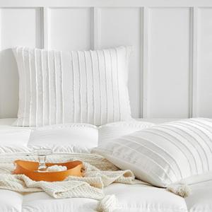 WARMDERN White Striped Pillow Covers Queen Pillow Cases Soft Microfiber Stripe Pillow Cases Set of 2 Boho Tufted Stripes Textured Pillowcase with Envelope Closure(White, Queen, 20x30 Inches)