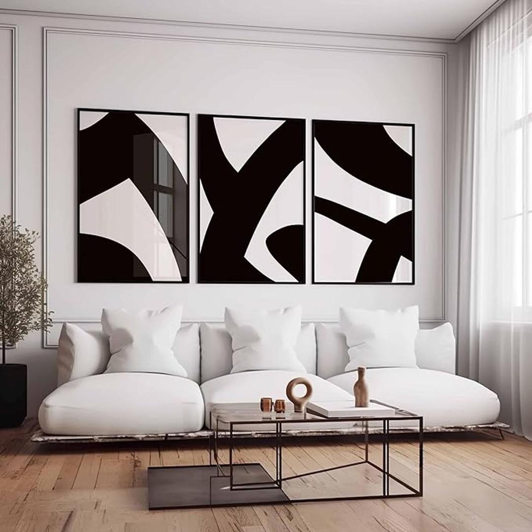 UEUEAE Modern Simple Minimal Gallery Wall Art Set of 3 Abstract Art Black and White Prints Line Drawing Minimalist Bedroom Decor 60x80cm(24x31in) x3 With Frame