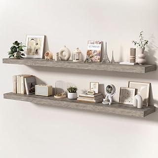 KovaScape Floating Shelves for Wall, 72 Inch x 8 Inch Deep Wall Mounted Wood Shelf with Invisible Brackets for Storage & Display, Living Room Bedroom Kitchen, Gray, Set of 2