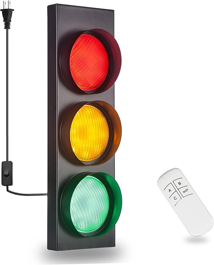 Traffic Light Wall Lamp Remote Control Retro Kids Bedroom Stop Light, Plug in Industrial LED Wall Sconce, 18.5 Vintage Fun Signal Lights for Home Office Bar Garage Car Room Decor Christmas