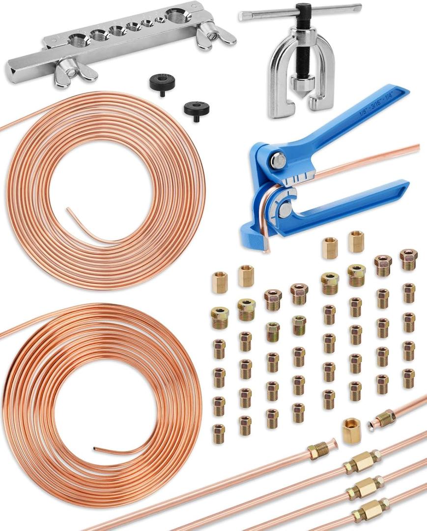25 ft 3/16in &1/4in Copper Coated Brake Line Flaring Tool Kit, Includes 3-in-1 Tube Bender, Double & Single Flaring Tool Set, 4 Threads Unions, 40 Fittings