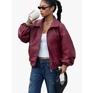 Women Jackets Long Sleeve Zip Up Red PU Leather Jacket M