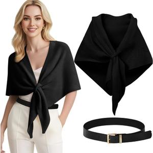 Hercicy 2 Pcs 2026 Shawl Wraps and Belt for Women, Knitted Cardigan Shoulder Top Sweater Shawl Scarf and Leather Belt Set (Black)