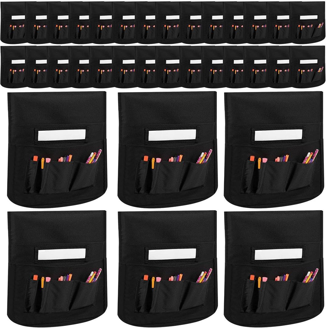 Tisancy 48 Pcs Chair Pockets for Classrooms 18.9'' Classroom Organizer Chair Bag with 6 Pockets and Name Tag Holder Back of Organizer for Christmas Kid Student School Storage Gift Supply(Black)