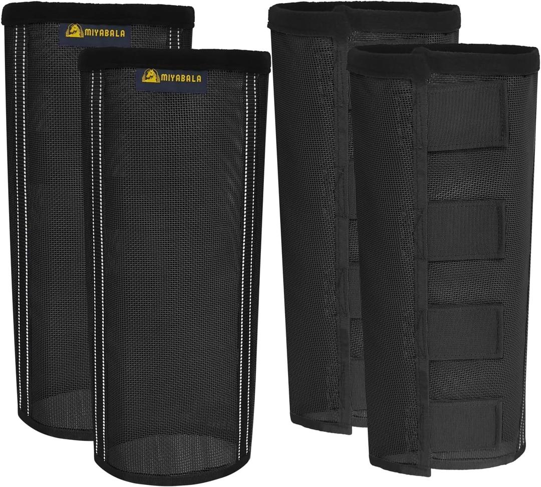 Fly Boots for Horses Set of 4, Extra Tough Mesh Horse Fly Boots with 2 Built-in Metal Supports, Breathable Fly Leggings for Horses with Fleece Trimming and Reflective Webbing (Black, Medium)