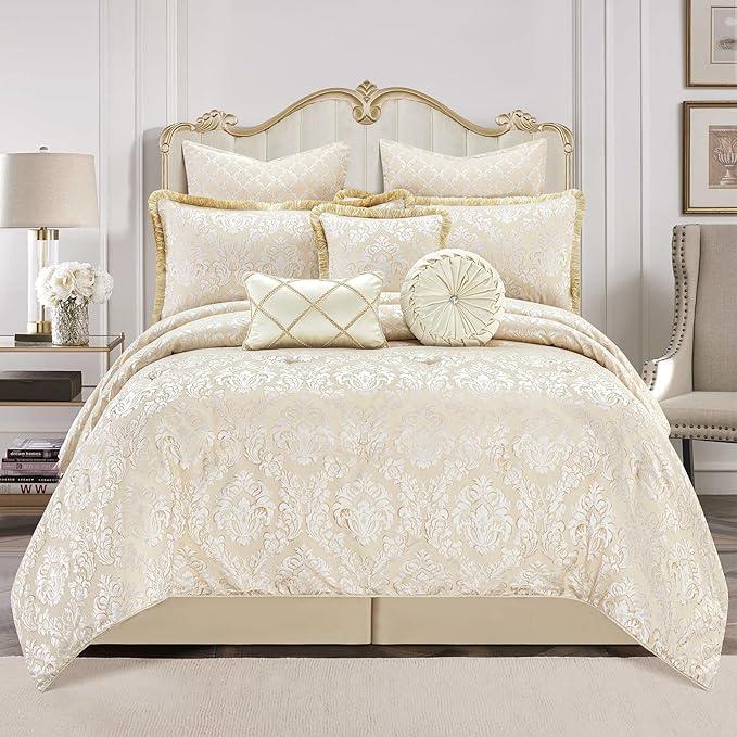 Loom and Mill 9-Piece Elegant Damask Comforter Sets Jacquard Medallion Design, Ultra Soft Floral Bedding with Euro Shams, Bedskirt, Filled Decorative Pillow for Home (Beige White, Queen)