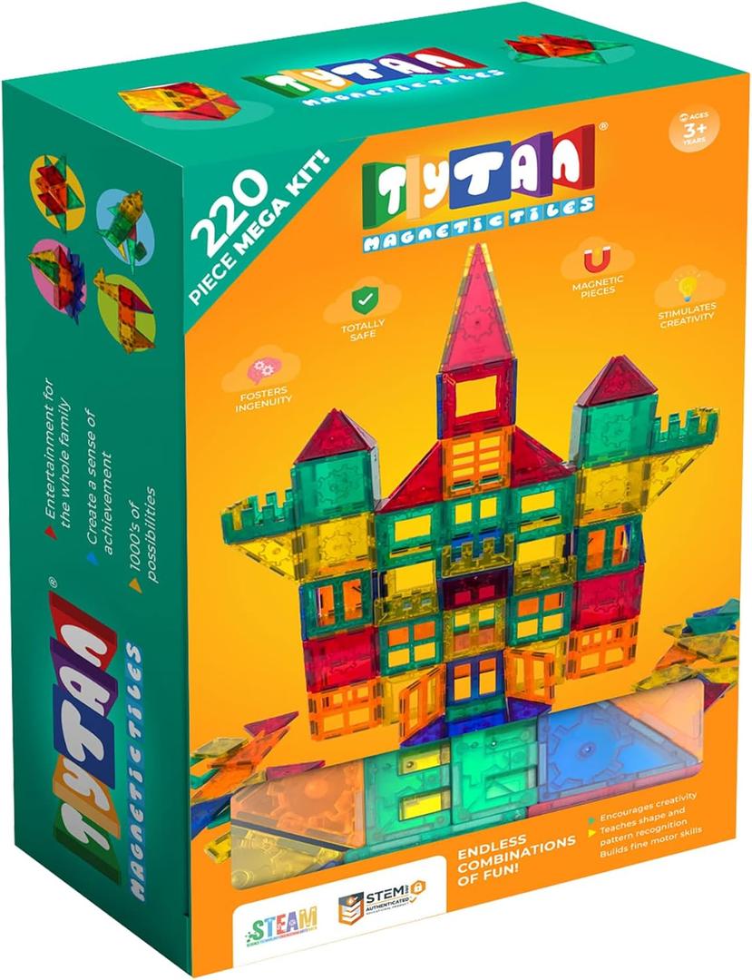 Tytan TILES 220-Piece SUPERSIZED Magnetic Tiles Building Set, 1000s of Creations, Large 3D Castles, Massive Vehicles, & Rocket Ships, Kids STEM Toy, Architecture, Innovative Play, Ages 3 and Up