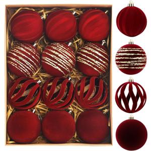 Christmas Ornaments Set of 12, 3.15" Flocked Velvet Balls with Hand Painted Designs, Burgundy Elegant Christmas Tree Decorations in Gift Box