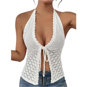 SOLY HUX Women's Crochet Tie Front Halter Neck Crop Camisole Top Swimsuit Cover Up Beachwear, S