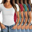 5 Pack Women's Scoop Neck Short Sleeve Shirts Fitted Tops Bulk Casual Basic Stretchy Tight Summer Multipack Tees (S)