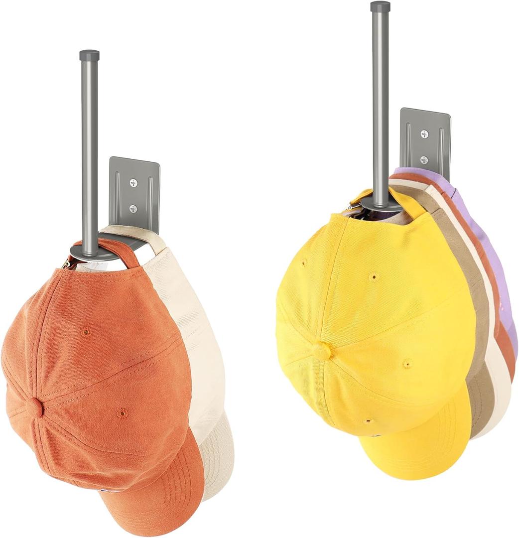 2 Pack Hat Racks for Baseball Caps, Stainless Steel Hat Organizer for Baseball Cap, Hat Holder Storage Organizer, Hat Hanger Strong Adhesive/Wall Drilled for Door, Bedroom, Closet(Light Grey 6 in)