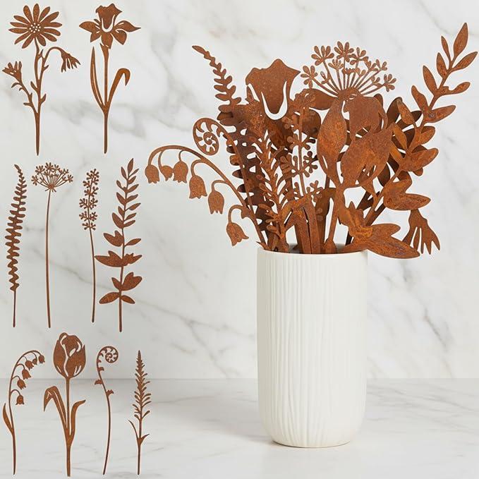 AXHoustake 10pcs Metal Flowers for Garden - Antique Rust Finish Decorative Plant Stakes, Weathered Patina Yard Art for Outdoor Ground & Indoor Pots, Rustic Flower Bed Decor, Lawn & Patio Accents