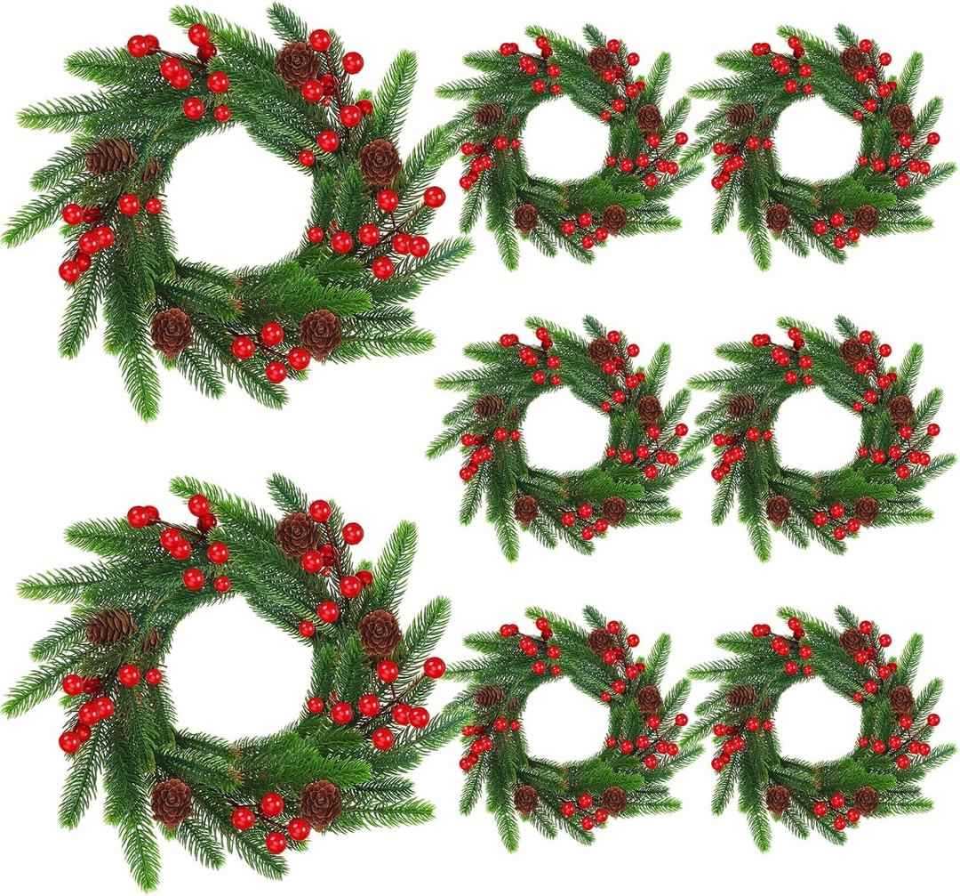 8 Pcs 11 Inch Small Christmas Candle Rings Wreaths Mini Christmas Wreath Artificial Pine Red Berries Pine Cone Faux Candle Ring Holder for Xmas Table Centerpiece Cabinet Window Door Decor