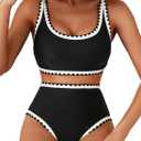 Herseas Women's Bikini Sets Floral Print Whip Stitch 2 Piece Swimsuits High Waisted Scoop Bathing Suits (Black) 