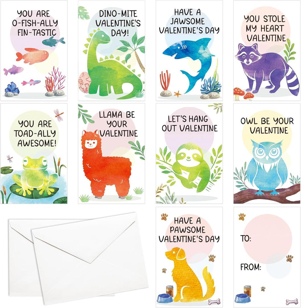 3 x DPKOW 36 Pack Valentines Day Cards for Kids School Classroom Exchange (12x8cm), Animal Valentines Gifts Cards Dinosaur Llama Frog Sloth Raccoon Fish Owl Shark Dog Postcards with Envelopes