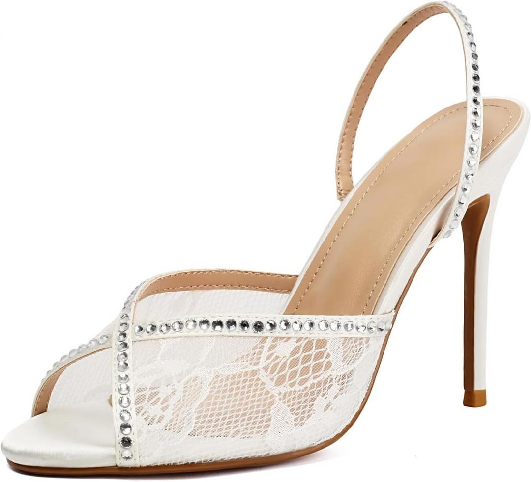 Women's High Heel Sandals High Heel Slippers Pointed Toe Fish Mouth Sandals Lace Sandals (7, White)