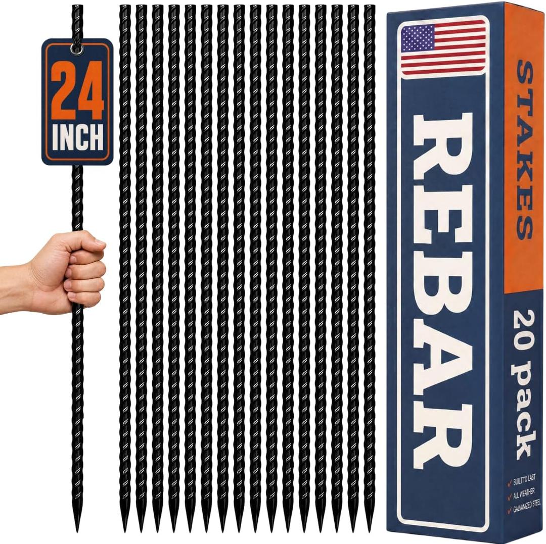 Happin® 24 Inch Rebar Stakes, Straight Garden Stakes Heavy Duty Galvanized Metal Stakes, Landscape Timber, Concrete Form, Tree & Plant Support, Yard Stakes, Ground Anchors (I Shape – 20 Pack)