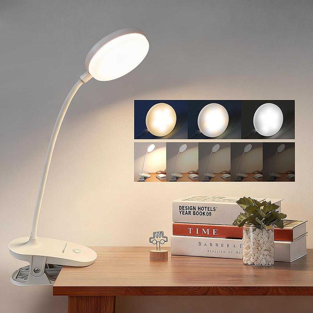 Clip On Clamp Light for Bed Headboard,Rechargeable Desk Lamp,3 Colors (White/Warm White/Warm),Dimmable 360 Gooseneck,20 LED,Eye-Caring Light for Study & WorkCollege Dorm Essentials for Girls & Guys