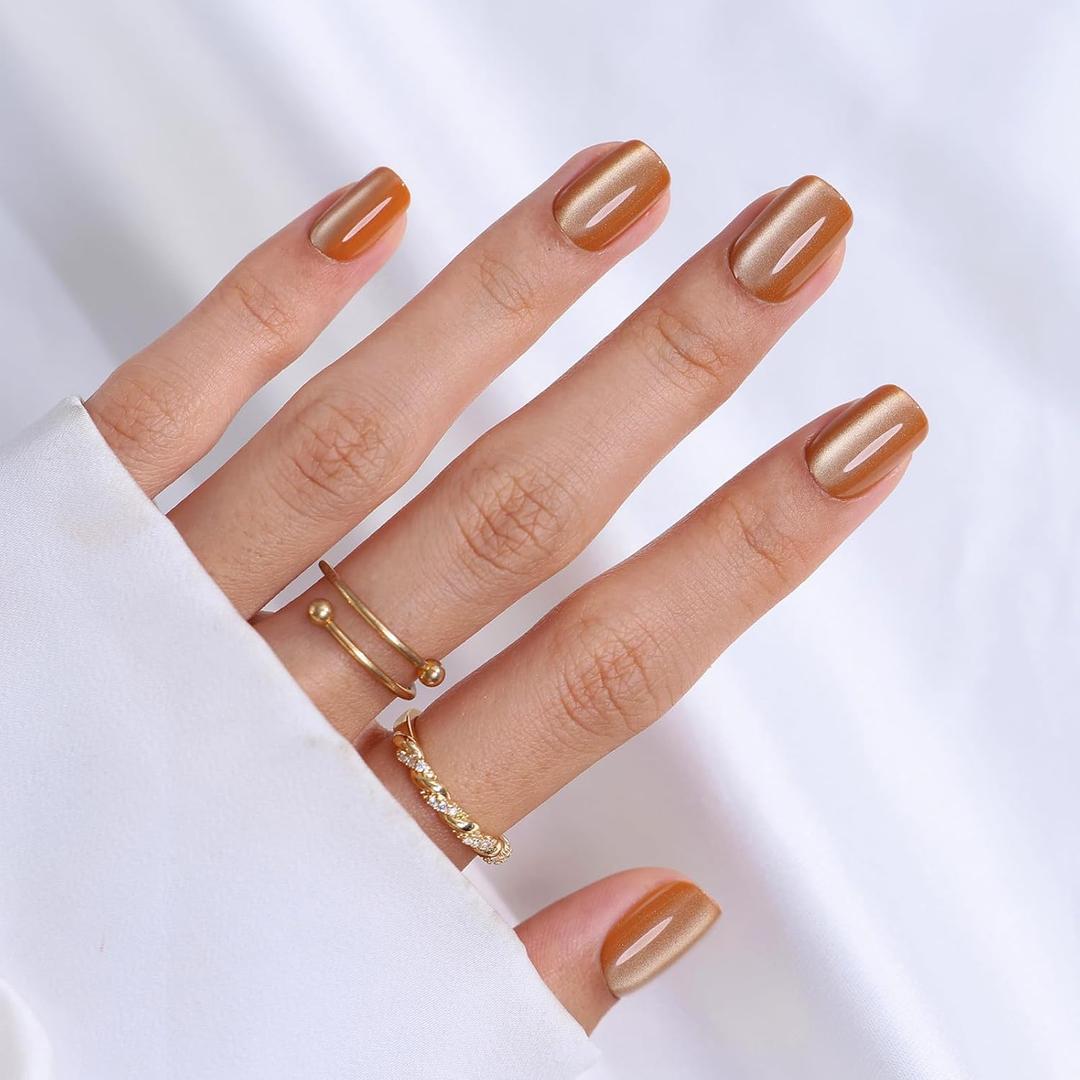 Brown Cat Eye Press on Nails Short - Soft Gel Press on Nails Square for Women Gift, Glossy Glue on Nails in 16 Sizes - 32 Reusable Fake Nails Kit with Glue, Cat Eye Light Brown