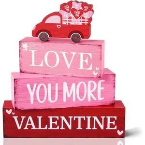 4 Pcs Valentine's Day Wooden Tiered Tray Decor, Love Truck Decorations Gifts for Lover Wife Husband Boyfriend Girlfriend, Valentine Table Centerpiece for Home Kitchen Bedroom Decor (Deep Pink)