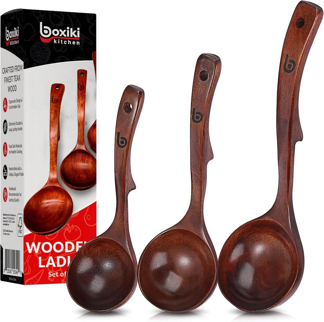 Soup Ladle  Luxury Teak Wood Ladle Set of 3 – ChefGrade, EcoFriendly Wooden Cooking Utensils with Reinforced Neck Joint & AntiSlip Notch Handle – MultiSize, GiftReady Ladle Spoons Set