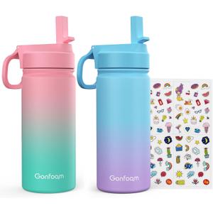Kids Water Bottle, 2-Pack 16oz Kids Water Bottle with Stickers for School, insulated Stainless Steel Straw Cup(Pink+Blue)