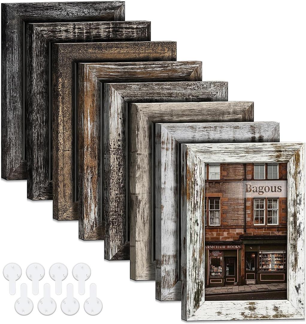 4x6 Picture Frames Set of 8, Vintage Rustic Farmhouse Industrial Style Photo Frames, High Definition Real Glass, for Tabletop or Wall Hanging