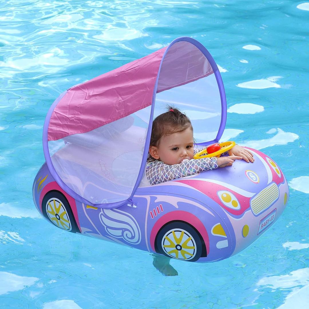 Swimbobo Toddler Pool Float Inflatable Car Baby Swim Float with Adjustable Sun Canopy and Safety Seat Pool Toys for Kids 3+ Years Old (Purple Pink Car)