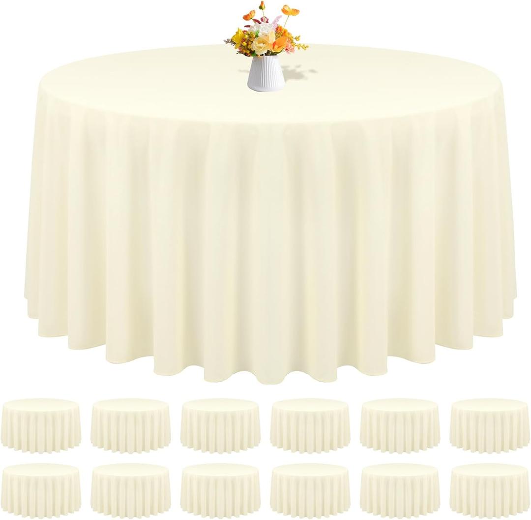 12 Pack Round Tablecloths - 120 Inch, Beige Polyester Table Cover for Round Table, Stain and Wrinkle Resistant Washable Fabric, Wedding Banquet Parties