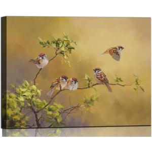 Sense&Sensitivity Arts-Bird Wall Art Sparrow Pictures Wall Decor Farmhouse Yellow Bird pictures Traditional chinese painting Canvas print for Living Room Kitchen Bedroom Bathroom Office and Hallway Wall Decor 32 x 24 Inch