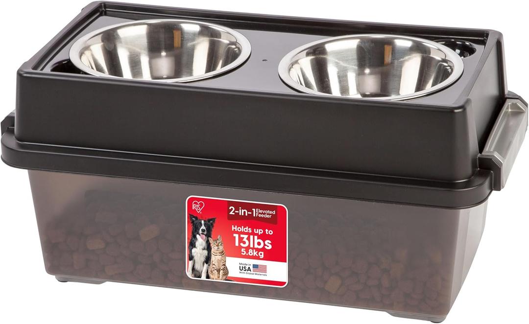 IRIS USA Elevated Dog Bowls with Storage, 6"H Raised Bowl for Small Dogs, Airtight Pet Food Storage Holds Up To 5 Lbs, 4 Removable 16 oz Stainless Steel Bowls, At Home or Camping, Smoke/Black