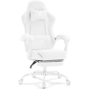 White Gaming Chair,Computer Office Chair with Footrest,Massage Lumbar Support and Gel Pad,Ergonomic Reclining Adjustable Leather Gamer Chair with Headrest and Spring Cushion White