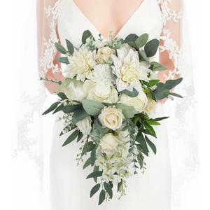 Rinlong White Green Cascade Bouquet Wedding Bouquets for Bride Cascading Wedding Bouquet Bridal Bouquet Artificial Flowers (One Size)