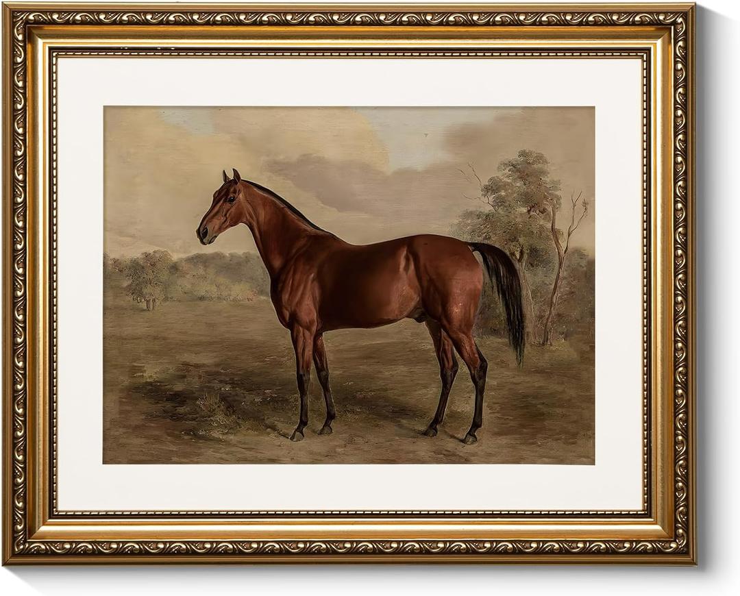 ARPEOTCY Vintage Gold Framed Horse Wall Art, Bedroom Bathroom Living Room Classic Horse Picture Wall Decor, Canvas Prints, Antique Picture Frame Rustic Paintings Home Farmhouse Decor, 13x16 Inch