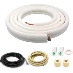 16FT Mini Split Line Set 1/4*1/2 OD HVAC Copper Tube Pipe Extension,3/8 Thickened PE Insulation Coil Air Conditioner Twin Copper Line Heating Equipment Hose with Flared Nuts (16FT (1/4+1/2) with wire)