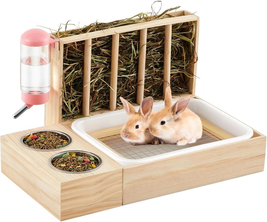 Weysat 4 in 1 Extra Large Rabbit Bunny Litter Box with Hay Feeder, Bowls and Water Bottle, Wooden Toilet Set for Large and Medium Sized Bunny Guinea Pig Chinchilla Hamster Dwarf Rabbit Wood Mess Proof